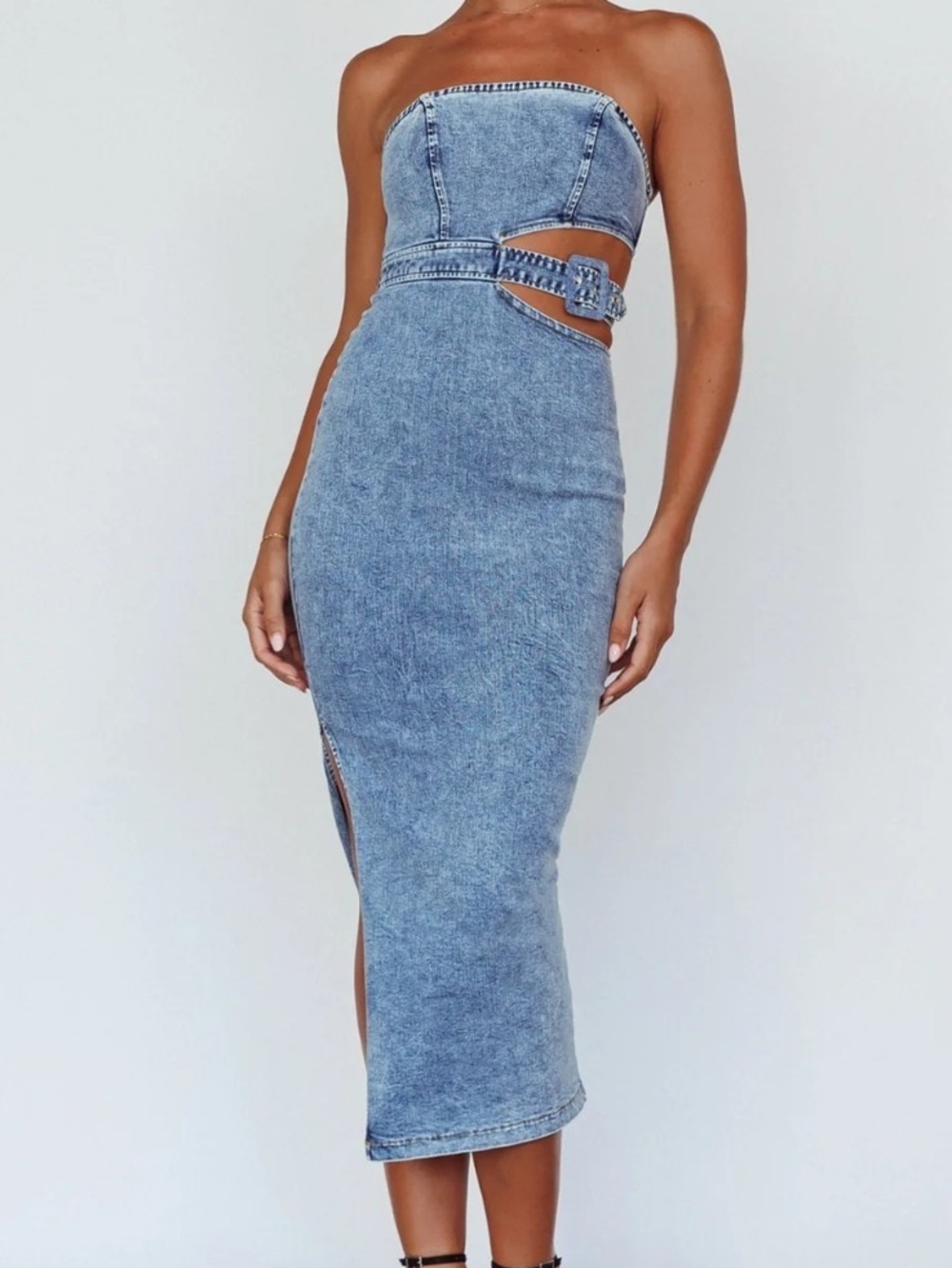 Strapless Cutout Midi Dress in Light Denim Blue